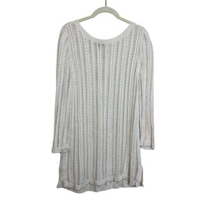 Talbots Womens Open Knit Tunic Sweater Large Linen Blend Ivory 3/4 Sleeve Beach